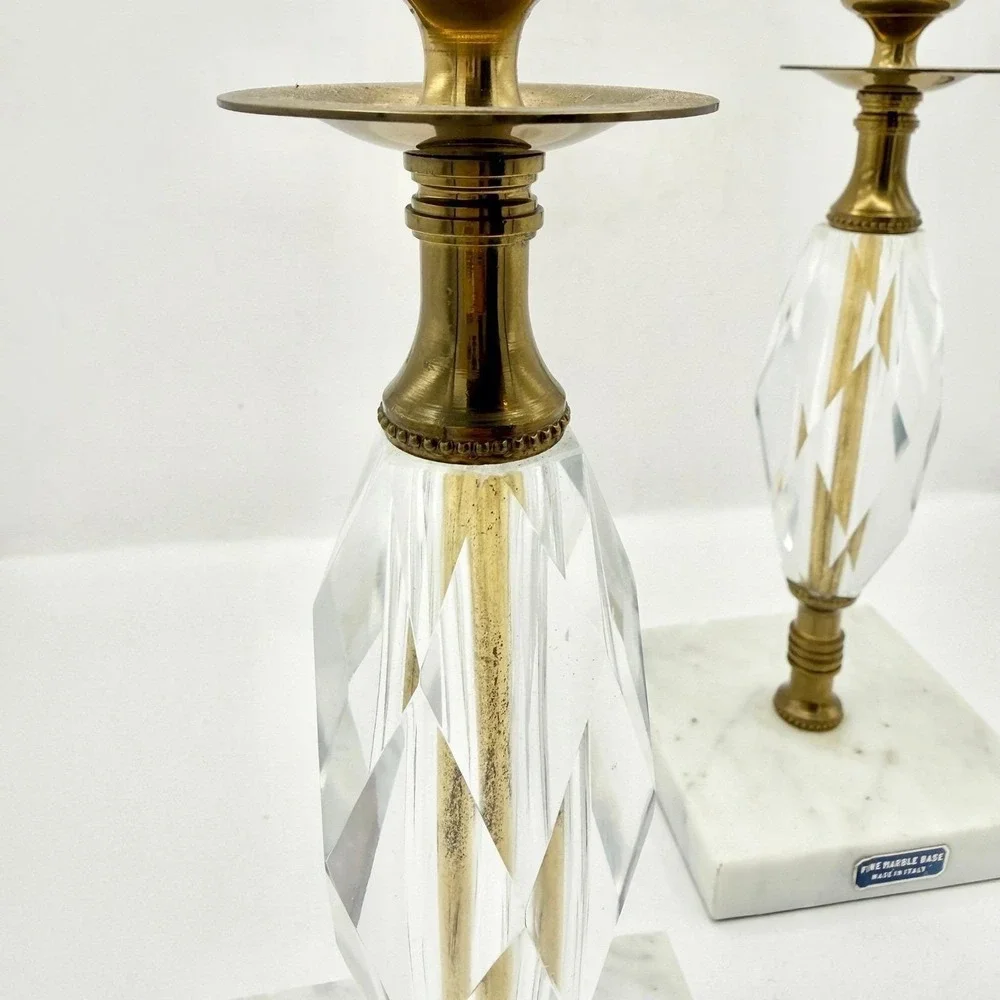 Vintage Marble, Crystal, Brass Italian Candlesticks Italy 10.5